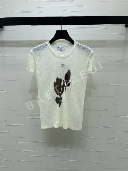 샤넬 리프 패턴 실크 울 혼방 여성 반팔 니트 탑 103683