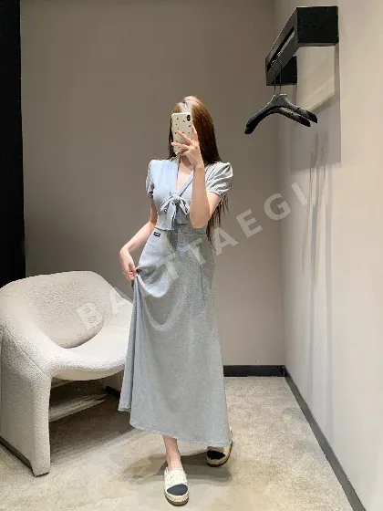 미우미우 보우타이 그레이 코튼 원피스