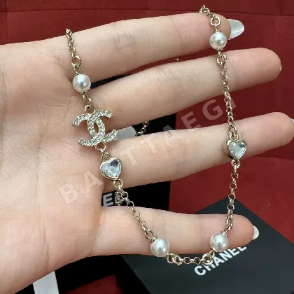 샤넬 더블 C 라인스톤 하트 크리스탈 진주 골드 체인 목걸이 178171