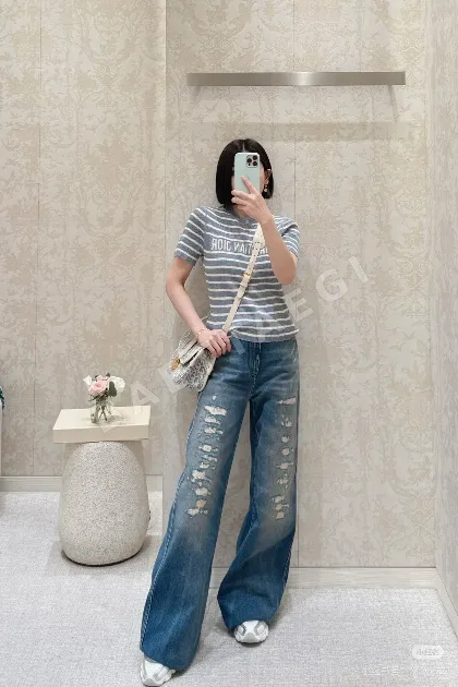 디올 다미지 가공 와이드 레그 데님 바지