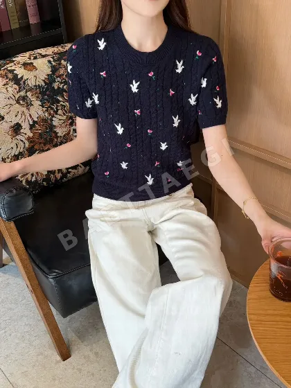 디올 캐시미어 라운드넥 장미 자수 반팔 니트티셔츠 51892