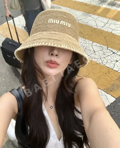 미우미우 자수 로고 라피아 밀짚 모자 119971