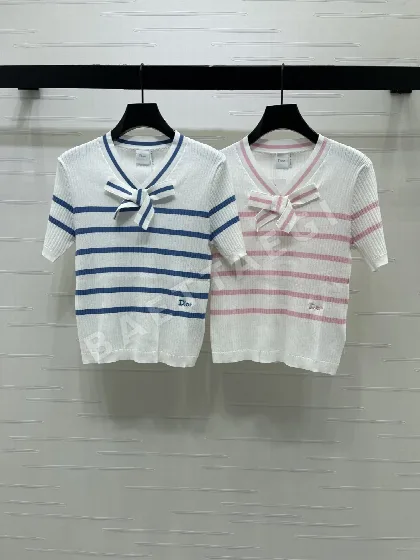 디올 V넥 스트라이프 립 반팔 니트 탑 131639