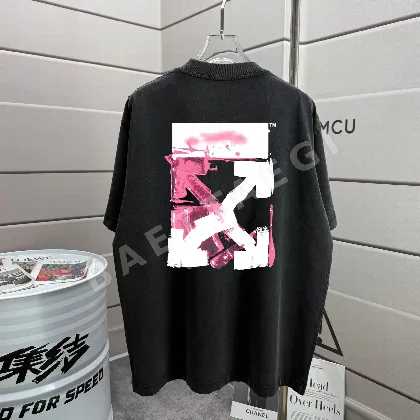 오프화이트 워시 가공 데미지 크루넥 반팔 티셔츠 87089