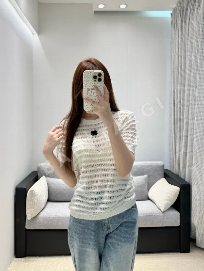 샤넬 시스루 웨이브 케이블 니트 반팔 티셔츠 103789