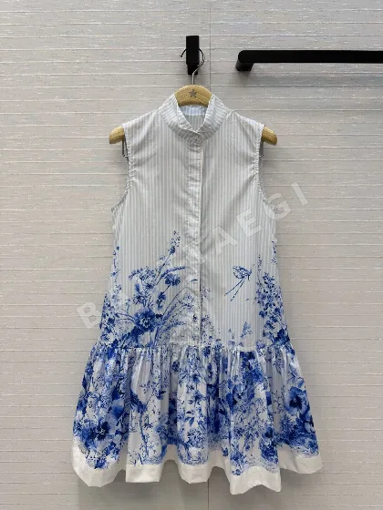 디올 블루 플라워 스트라이프 플리츠 카라 민소매 원피스 92777