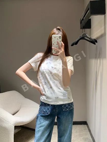 디올 나비 프린트 크롭 코튼 반팔 티셔츠