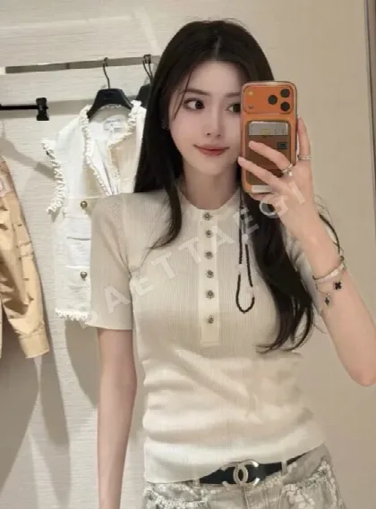 샤넬 리브 니트 여성용 반팔 티셔츠 135375