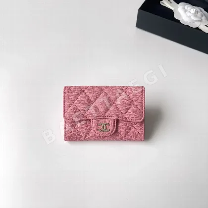 샤넬 코랄 핑크 샴페인 골드 플립 카드 홀더 지갑 21733