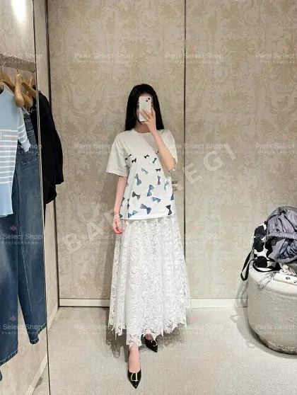 디올 여성 리본 프린트 오버핏 크루넥 반팔 티셔츠 45174