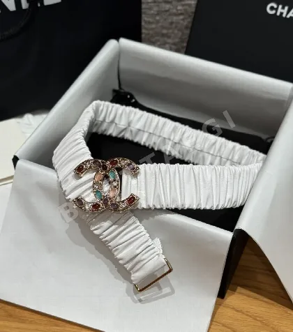 샤넬 화이트 램스킨 라인스톤 더블 C 벨트 174078