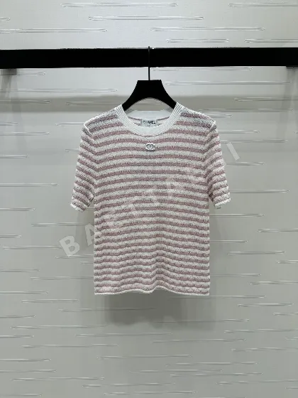 샤넬 컬러 블록 스트라이프 크루넥 반팔 니트 탑 103827