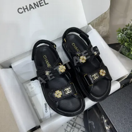 샤넬 리본 진주꽃 버클 벨크로 비치 슈즈 94247