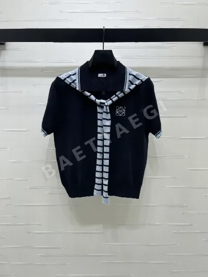 로에베 스트라이프 숄 카라 니트 반팔 탑 154683