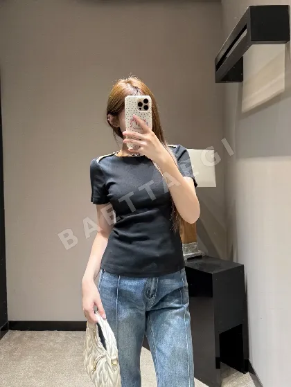 버버리 체크 패치워크 크루넥 여성 반팔 니트 45095
