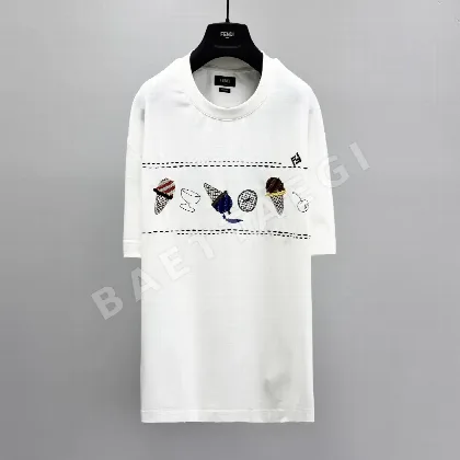펜디 컬러 블록 FF 자수 코튼 반팔티 49805