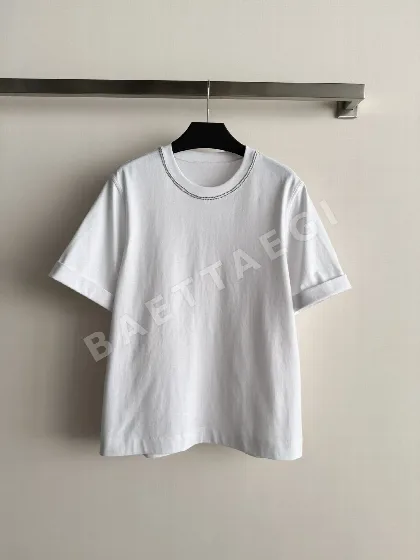 브루넬로쿠치넬리 비즈 장식 크루넥 코튼 반팔 티셔츠