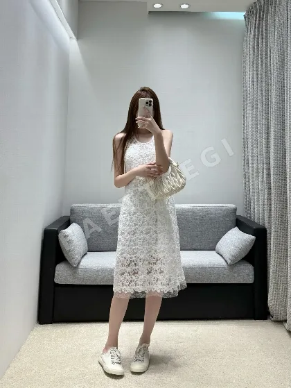샤넬 화이트 레이스 메시 원피스 132164