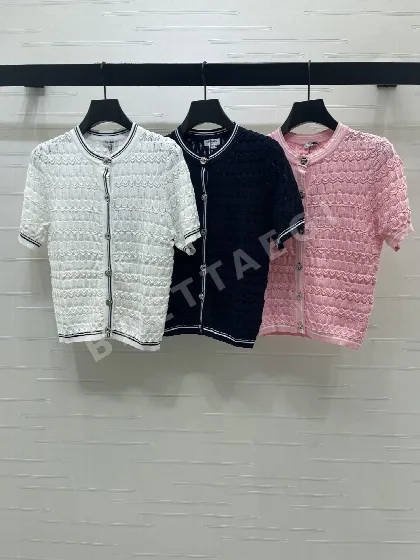 샤넬 물결무늬 크루넥 반팔 니트 가디건 131618