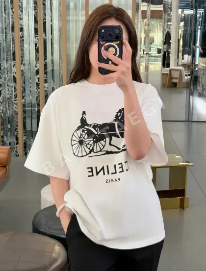 셀린느 말 패턴 크루넥 여성 반팔 셔츠 114946