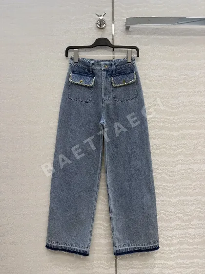 샤넬 금속 체인 장식 퀼팅 레트로 워시 데님 여성 바지 103695