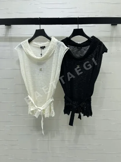 샤넬 살구색 니트 카울넥 반팔 여성 티셔츠 116992