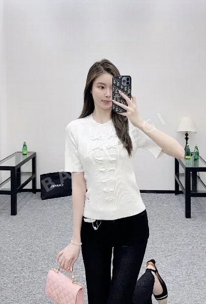샤넬 여성 슬림핏 리본 장식 크루넥 니트 반팔 티셔츠 5974