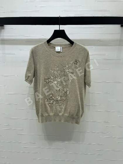 디올 꽃 자수 라운드넥 반팔 니트 탑 131946