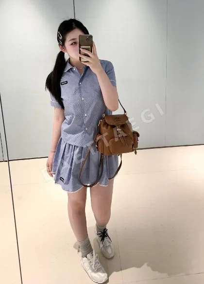 미우미우 블루 체크 피터팬카라 반팔 셔츠 스커트 세트