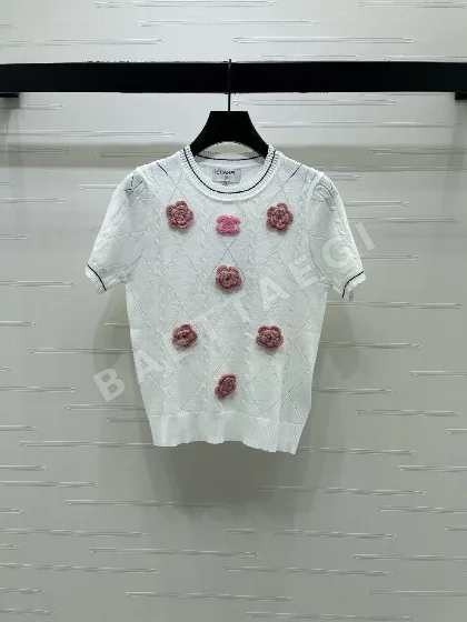 샤넬 3D 꽃장식 다이아몬드 패턴 반팔 니트 탑 114927