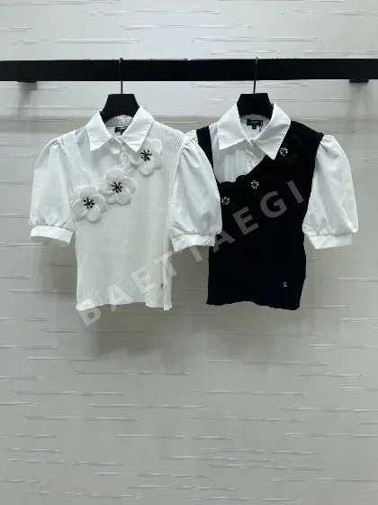 샤넬 카라 패치워크 니트 여성 반팔 셔츠 142078