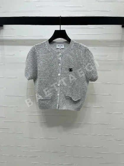 샤넬 시스루 라운드넥 코튼 반팔 가디건 103764