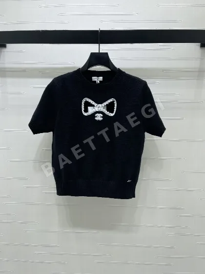 샤넬 리본 장식 크루넥 반팔 니트 탑