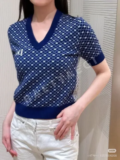 디올 V넥 기하학 무늬 여성 반팔 니트 셔츠 51443