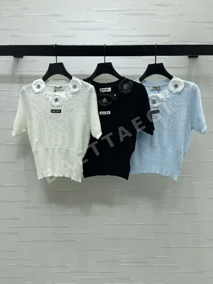 미우미우 3D 꽃무늬 니트 반팔 탑 52538