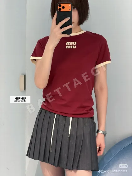 미우미우 컬러 블록 크루넥 코튼 반팔티셔츠