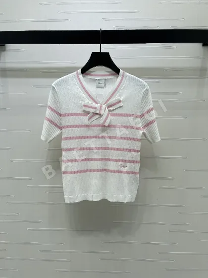 디올 리본 V넥 스트라이프 니트 반팔 탑 131640