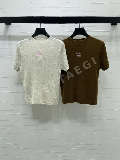 미우미우 울 혼방 크루넥 리브 반팔 니트 탑 52511