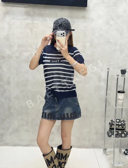디올 스트라이프 크루넥 반팔 니트